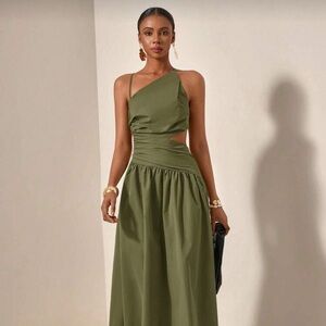 Veloura Olive Green Women’s Cutout Maxi Dress Asymmetrical Strap Summer